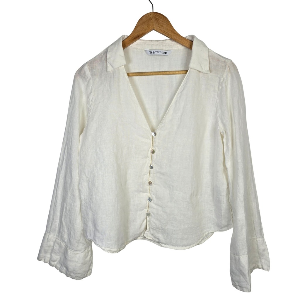 Ladies Zara Cream Button-Up Linen Blouse Med.